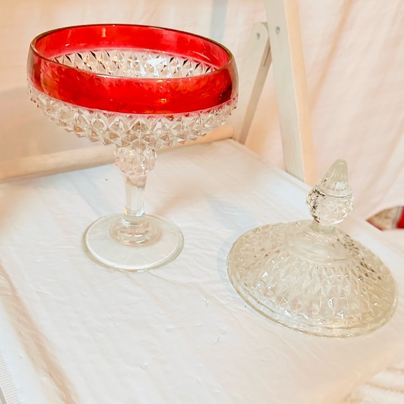 Vintage Indiana Glass Diamond Point Pedestal Candy Dish Ruby Band - Picture 1 of 5